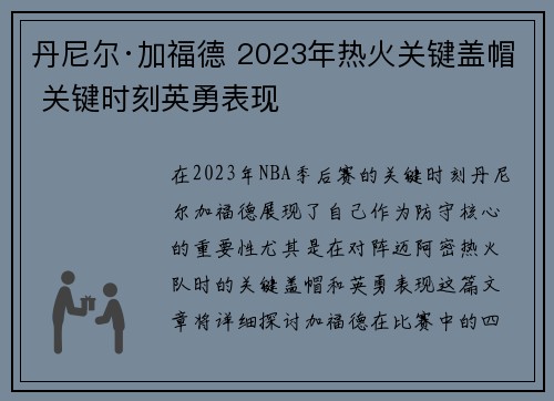 丹尼尔·加福德 2023年热火关键盖帽 关键时刻英勇表现