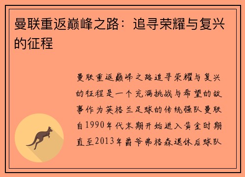 曼联重返巅峰之路：追寻荣耀与复兴的征程